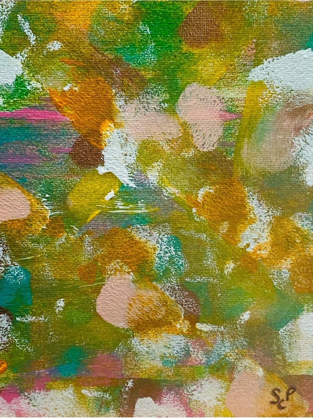 Glossy Spotz - Abstract Home Art Canvas in Green, Gold, Pink - handmade